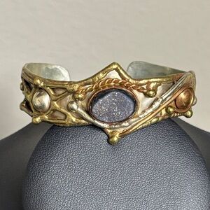 Black Druzy Gemstone Cuff Bracelet Copper Brass Silvertone India Adjustable